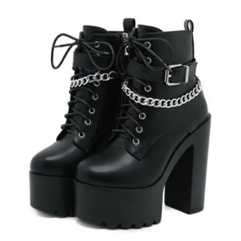 Motorcycle Chain - 女性用バックル付きゴシックアンクルブーツ,レザープラットフォーム,厚手のヒールブロック,チェーン,超ハイヒール,オートバイブーツ,新品